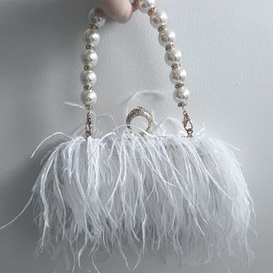 Wedding Bridal Ostrich Feather Purse Clutch with Pearl and Diamond Strap